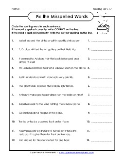 Fix the Misspelled Words (E-17) Spelling E Worksheet