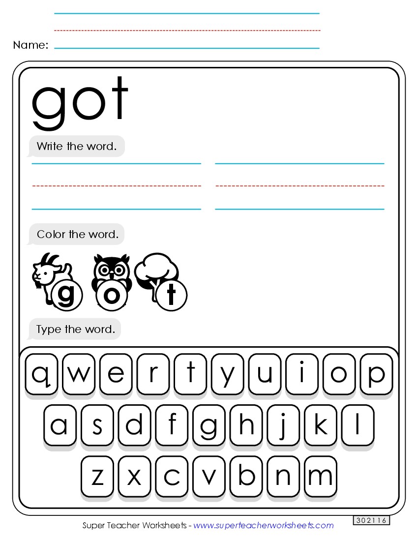 Write, Color, Type: Got Sight Words Individual Worksheet