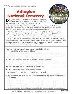 Arlington National Cemetery (Short Article) 5th Grade Reading Comprehension Reading Comp Short Worksheet