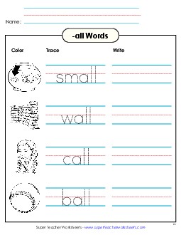 Trace and Write (-all) Word Families Worksheet