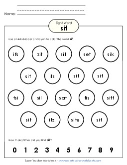 Dab or Color: Sit Sight Words Individual Worksheet