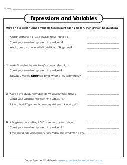 Write and Evaluate Expressions Algebra Worksheet