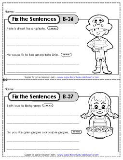 Fix the Sentences B-36 through B-40 Worksheet