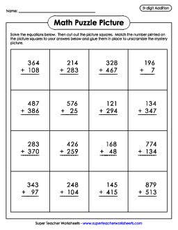 3-Digit Addition: Match Puzzle Picture (Gingerbread) Christmas Worksheet