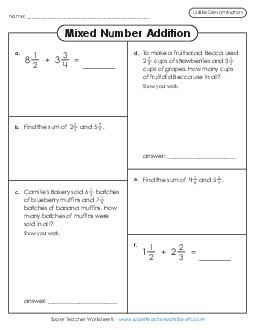 Variety Worksheet: Mixed Number Addition (Unlike Denominators) Fractions Worksheet