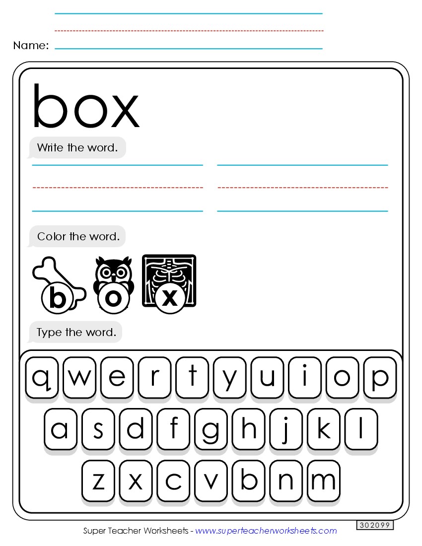 Write, Color, Type: Box Sight Words Individual Worksheet