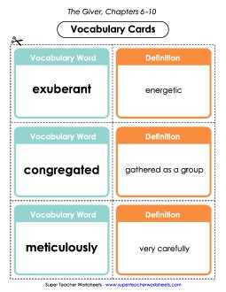 Vocabulary Cards for Chapters 6-10 Book The Giver Worksheet