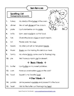 Spelling Test Sentences (B-Thanksgiving)  Spelling B Worksheet