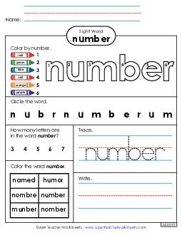 Worksheet 4: Number Sight Words Individual Worksheet