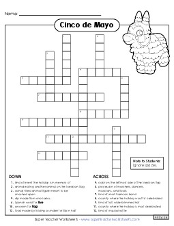 Cinco de Mayo Crossword Puzzle Holiday Worksheet