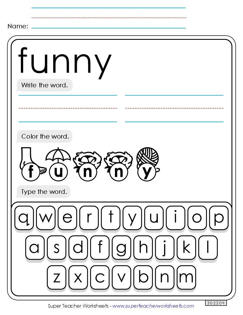 Write, Color, Type: Funny Sight Words Individual Worksheet