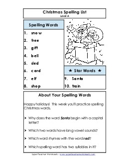 Spelling List (A-Christmas)  Free Spelling A Worksheet