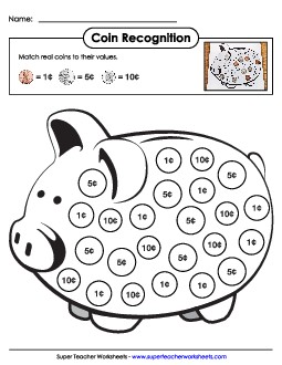 Piggy Bank: Sorting Real Coins (Basic) Counting Money Worksheet