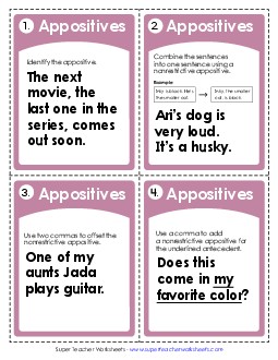 Appositives Task Cards 6th Grade ELA Worksheet