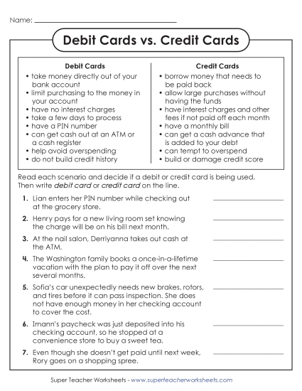 New Debit Cards vs. Credit Cards Worksheet New Debit Cards vs. Credit Cards Worksheet