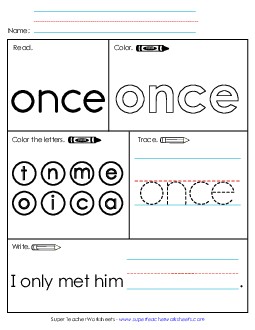 Worksheet 1: Once Free Sight Words Individual Worksheet