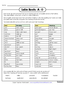 Latin Roots Reference Sheet: A Through O Greek Latin Word Parts Worksheet