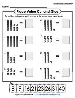 Place Value Blocks Cut & Glue 1st Grade Math Worksheet