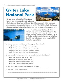 Short Reading Comp: Crater Lake National Park Reading Comprehension Reading Comp Short Worksheet