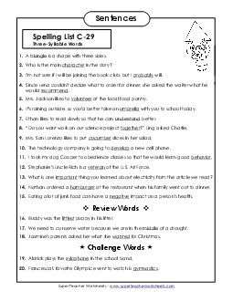 Spelling Test Sentences (C-29) Spelling C Worksheet