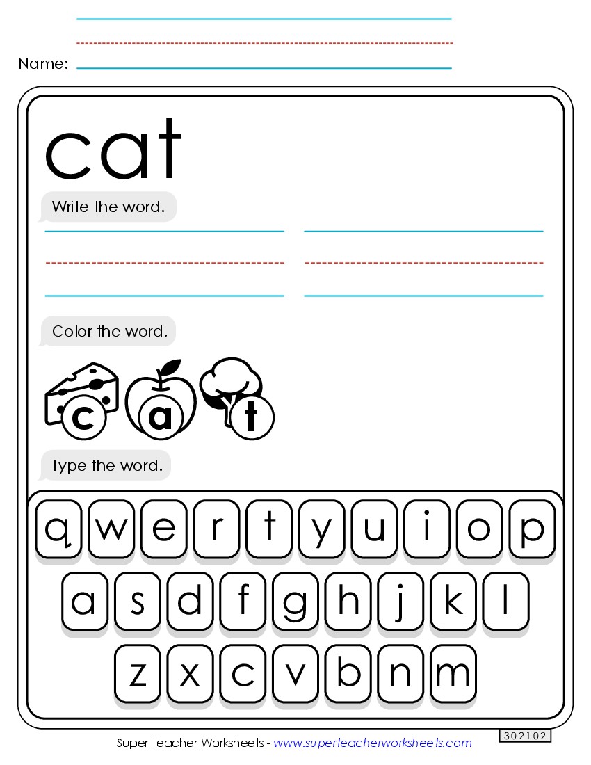 Write, Color, Type: Cat Sight Words Individual Worksheet