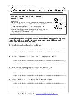 Commas in a Series (Sports) Free Worksheet