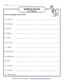 Write Your Spelling Words Twice (D-Christmas)  Spelling D Worksheet