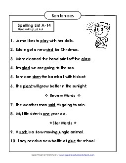 Spelling Test Sentences (A-14)  Spelling A Worksheet