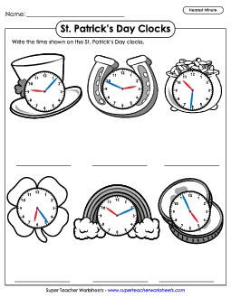 St. Patrick\'s Day Clocks - Nearest Minute Stpatrick Worksheet