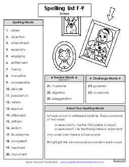 Spelling Word List (F-9) Spelling F Worksheet