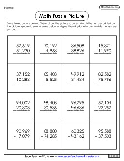 5-Digit Subtraction: Astronaut Puzzle Picture Worksheet