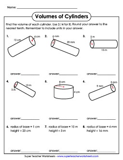 Calculate Volumes of Cylinders (Basic) Worksheet