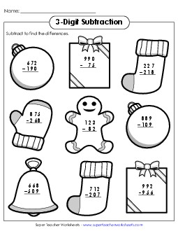 3-Digit Christmas Subtraction Worksheet