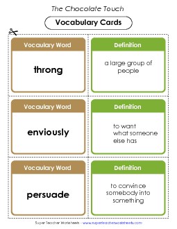 Vocabulary Cards for Chapters 5 & 6 Book Chocolate Touch Worksheet