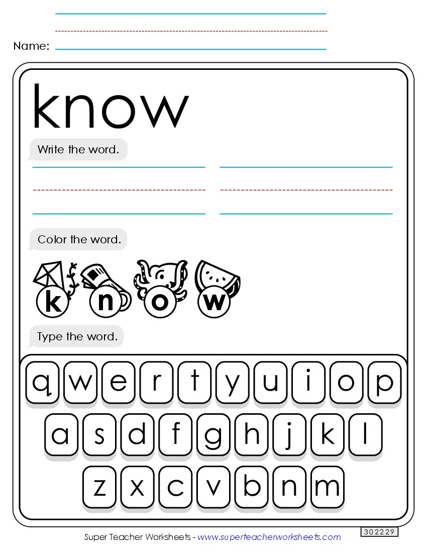 Write, Color, Type: Know Sight Words Individual Worksheet