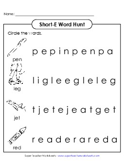 Short E: Horizontal Word Hunt 1 (Illustrated) Phonics Long Short E Worksheet