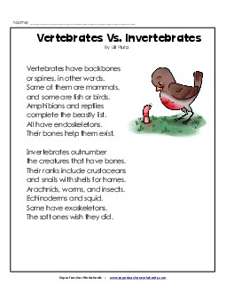 Vertebrates Vs. Invertebrates Poems Worksheet