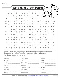 Word Search: Symbols of Greek Deities Greek Mythology Worksheet