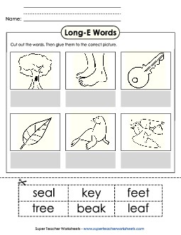 Cut-and-Glue (Long E Words) Free Phonics Long Short E Worksheet