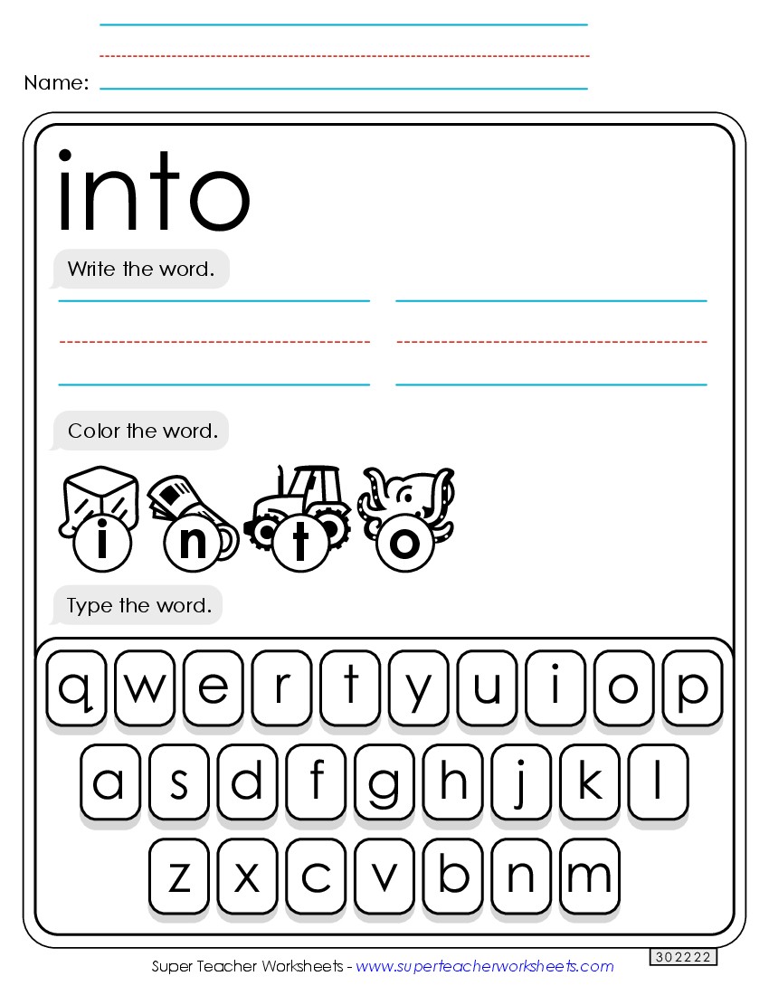 Write, Color, Type: Into Sight Words Individual Worksheet