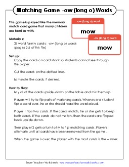 Memory Matching Game (-ow) Word Families Worksheet