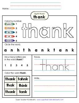 Worksheet 4: Thank Sight Words Individual Worksheet