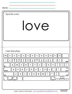 Type the Word: Love Sight Words Individual Worksheet