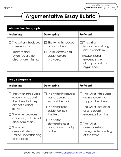 New Argumentative Essay Rubric (Number the Stars) Worksheet New Argumentative Essay Rubric (Number the Stars) Worksheet