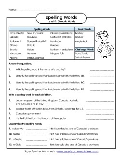 Spelling Question Worksheet (D-Canada Words)  Spelling D Worksheet