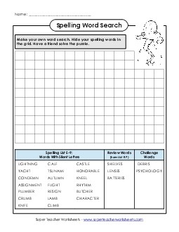 Make Your Own Search Puzzle (E-9) Spelling E Worksheet