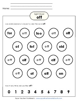 Dab or Color: Off Sight Words Individual Worksheet