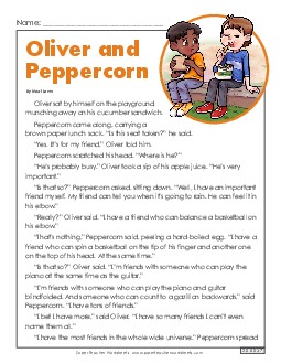 Oliver and Peppercorn - Fiction Passage 3rd Grade Reading Comprehension ELA Worksheet