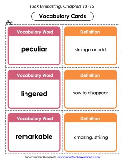 Vocab. Cards for Chapters 13-15 Book Tuck Everlasting Worksheet