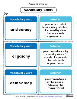 Vocabulary Cards: Ancient Greece 6th Grade Social Studies Worksheet